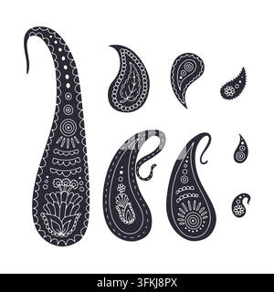 Set of black and white hand drawn paisley silhouette motifs isolated on white background Stock Vector