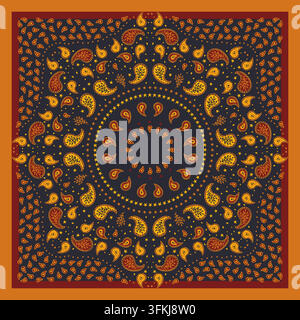 Black and white scarf or bandana design with paisley mandala pattern. Ethnic monochrome carpet design Stock Vector