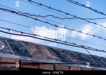 Barbed wire mounted on top of a red brick wall Stock Photo