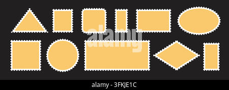 Bright yellow postage stamp collection. Scallop post border set for mail, postcard, letter, card. Jagged wavy edge postal frames for poster, banner, badge, sticker, emblem, postmark. Vector bundle Stock Vector