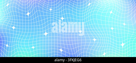 Colorful Y2k trippy sparkle grid mesh background. Distorted wireframe pattern with stars. Groovy gradient twinkle and line checkered wallpaper. Vector pastel gradation nostalgic aesthetic tile texture Stock Vector