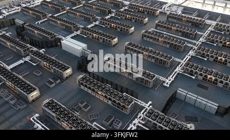 Large data center rooftop in Ashburn, Virginia, with rows of cooling units and rotating ventilation systems powering modern cloud computing and AI inf Stock Photo