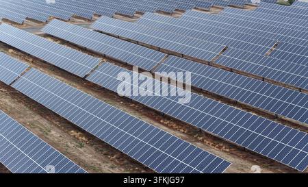 Endless rows of ground-mounted solar panels fill a large utility-scale solar energy farm stretching across dry rural terrain under clear sunny skies i Stock Photo