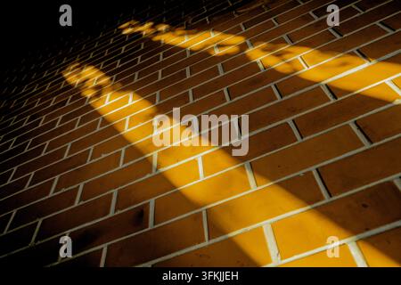 Golden sunlight casting diagonal shadows on a red brick wall Stock Photo