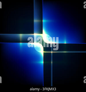Abstract technology background with glowing blue neon light and intersecting translucent glass panels for futuristic digital layout design Stock Vector