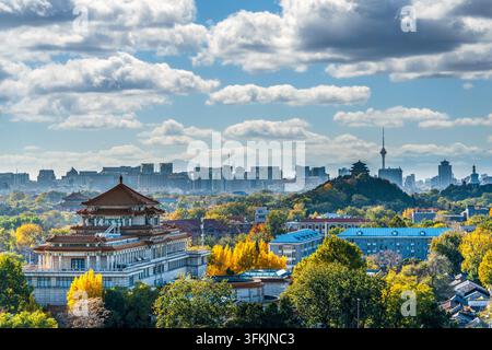 Golden ginkgo leaves frame ancient palace architecture along the moat ...