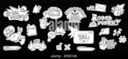 Doodle set of cute office stickers isolated on black background. Vector illustration of hand drawn business sketches, coffee cup, burning message, good job thumbs-up sign, funny corporate icons Stock Vector