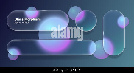 Transparent glass morphism UI elements set. Vector realistic illustration of frosted round button and rectangular panel, translucent card design for modern digital interface and tech application Stock Vector