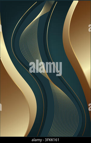 Elegant green abstract wave background with gold lines featuring smooth flowing curves, rich green gradients, refined metallic gold accents Stock Vector
