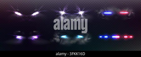 Police car lights with red and blue LED headlights create dramatic light flares and smoky effects on dark transparent background. Vector illustration beams set for automotive night scenes. Stock Vector