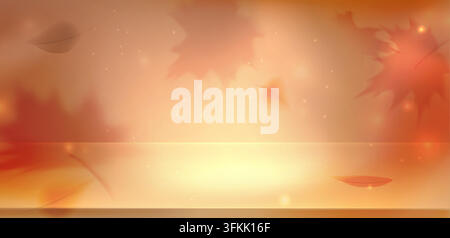 Autumn podium and golden maple leaves on orange background. Vector realistic illustration of warm fall banner with soft shadows, seasonal product presentation display, Thanksgiving promo designs Stock Vector