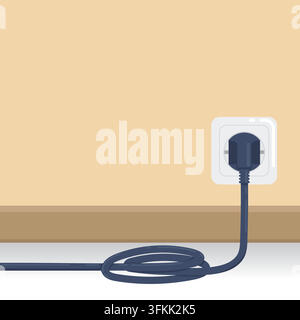 electric plug is stuck in the socket with a tangled cable vector illustration concept design template Stock Vector