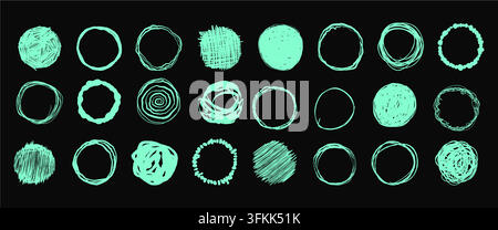 Hand drawn circle scribbles and doodles in green. Sketch pen strokes and scratch lines, messy round frames. Vector illustration set for creative designs and highlights isolated on black background Stock Vector