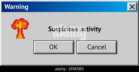 Retro warning popup window with explosion icon alerting suspicious activity detected Stock Vector