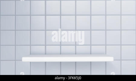 White bathroom shelf on tile wall. Realistic 3D vector illustration for product display. Interior podium for cosmetic presentation and mockup design. Light blue mock up with clean minimal design. Stock Vector