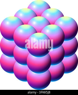 Glossy rainbow gradient spheres form a three dimensional cube cluster on white Stock Vector