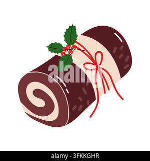 Christmas chocolate yule log roll cake vector illustration flat Stock Vector