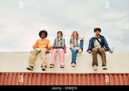 Portrait of Diverse Multiethnic Teenagers Sitting Outdoors on Wall Stock Photo