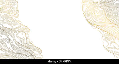 Elegant Japanese and Chinese pattern with flowing lines, clouds, waves, oriental elements, luxury golden frame. Asian abstract backgrounds, ornament Stock Vector