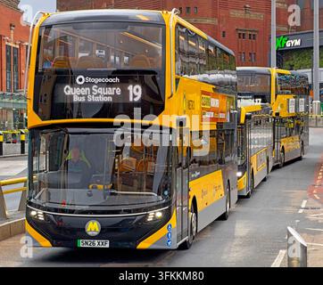 Liverpool City Region Metro double-decker bus on route 19 to Kirkby at Queen Square bus station, during the region-wide franchising rollout. Stock Photo