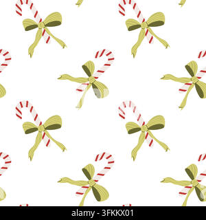 Whimsical candy cane pattern with bows and lollipop. Cartoon flat vector illustration on white background. Christmas seamless pattern Stock Vector