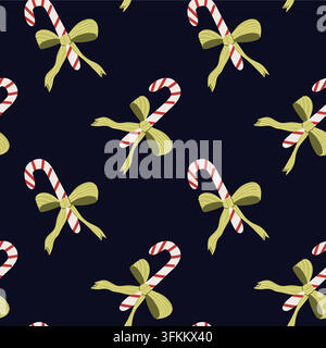 Whimsical candy cane pattern with bows and lollipop. Cartoon flat vector illustration on black background. Christmas seamless pattern Stock Vector