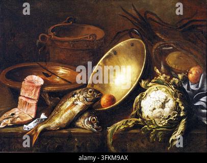 Kitchen Still Life, 1651. Foodstuffs and utensils are scattered in complex disorder on a rough table of the sort found in almost any kitchen. Fish, vegetables and fruit surround a basin, a cauldron and a pot, along with other similar elements that appear to have been left there with the intention of making stew in the very near future. The painting was originally thought to be by Antonio de Pereda. However, notwithstanding its approximate resemblance to Pereda's creations, a convincing attribution has yet to be encountered. Stock Photo