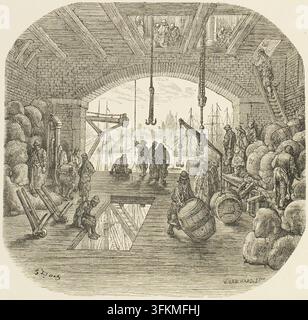 Warehouses by the Thames, 1872. Busy scene with goods being moved using pulleys. From "London: a pilgrimage", with illustrations by Gustave Doré and text by Blanchard Jerrold, [London: Grant & Co., 1872] (p.22). Stock Photo