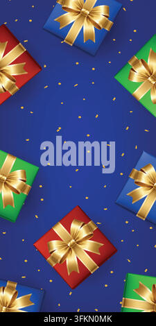 Birthday background with colorful gift boxes, golden bows and confetti on blue backdrop festive celebration Stock Vector