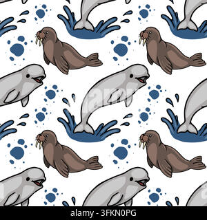 Seamless vector pattern with cute cartoon walrus and beluga whale characters in arctic water splashes Stock Vector