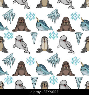 Seamless pattern with cute arctic animals, vector illustration featuring walrus, narwhal, seal, and snowflakes on a white background. Stock Vector