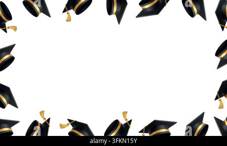Academic graduation cap border frame with black mortarboards and golden tassels on white background Stock Vector