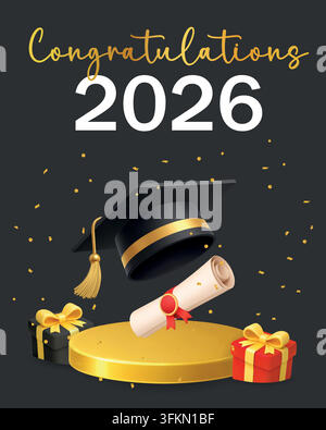 Graduation celebration 2026 with diploma, graduation cap, podium, gift boxes and golden confetti. Festive vector banner design Stock Vector