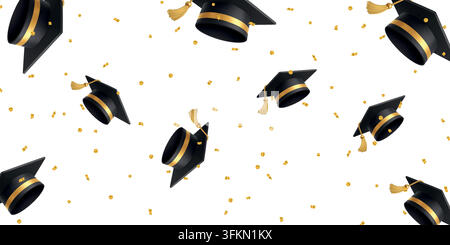 Seamless graduation pattern with floating mortarboard caps and golden confetti on white background vector illustration Stock Vector