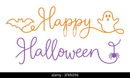 Happy Halloween orange and purple lettering with bat, ghost and spider continuous line art on isolated white background. Stock Photo