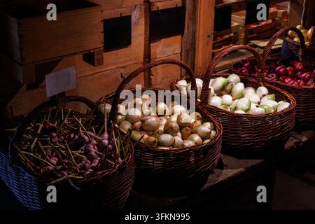 Wicker baskets filled with fresh purple garlic bulbs and white and red onions displayed on a dark wooden shelf in a rustic farm market setting. Stock Photo
