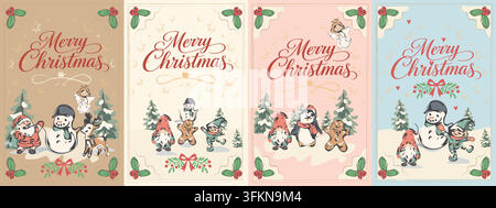 Set of Four Hand Drawn Merry Christmas Greeting Cards Stock Vector