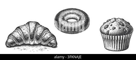 croissant, donut and muffin, vector illustration. .Drawings for printing in a pastry shop, cafe and pastry shop menus, and cooking labels Stock Vector