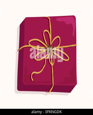Flat lay Burgundy Christmas gift box vector element isolated on background. Cozy eco winter holiday present wrapped in red paper with star anise Stock Vector