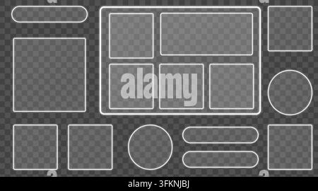 Collection of various glowing neon frames, including squares, circles, and rectangular buttons, isolated on a transparent background. Stock Vector