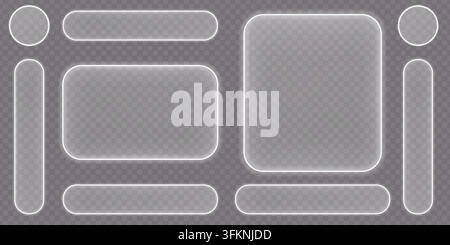Collection of translucent glassmorphism UI elements including rectangular panels, banners, buttons, and circles with soft glow effects for futuristic Stock Vector
