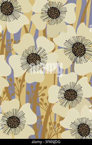 Abstract floral illustration with bold flowers, organic shapes and decorative botanical patterns. Stock Vector