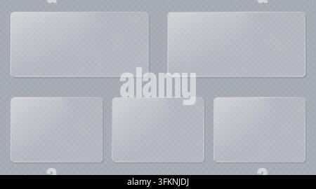 Five blank rectangular frosted glass cards with rounded corners, realistic UI design elements on a transparent background. Stock Vector