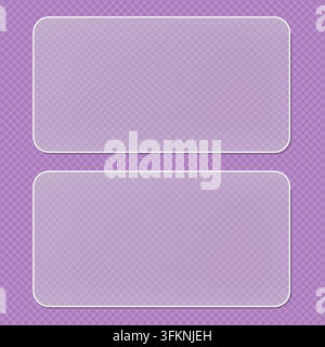 Two semi-transparent frosted glass panels with white borders arranged vertically against a purple grid pattern background. Stock Vector