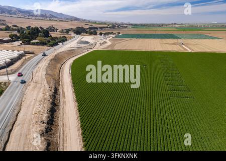 Aerial view shows cultivated crop rows stretching beside a paved highway with driving cars, rolling arid hills, and rural farming land in sunny Califo Stock Photo