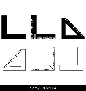 A professional set of try square and triangle rulers in clean line art and solid black glyph style. Perfect for carpentry branding, architecture websi Stock Vector