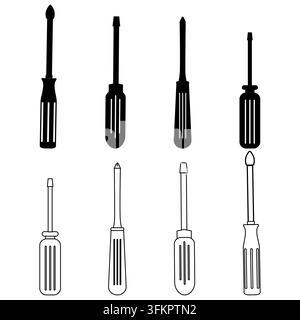 A professional set of phillips and flathead screwdrivers in clean line art and solid black glyph style. Perfect for technical repair branding, handyma Stock Vector