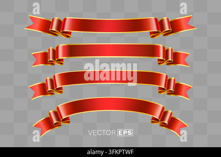 Shiny Red Ribbons Set with Golden Trim for Festive Design, perfect for banners, badges, and celebrations. Vector illustration Stock Vector