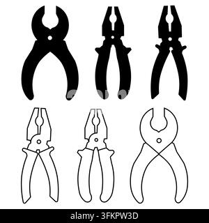 A professional set of industrial gripping pliers and wire cutters in clean line art and solid black glyph style. Perfect for electrical services, hand Stock Vector