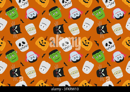 Seamless pattern with scary Halloween masks. Mummy, vampire, black cat, monster, pumpkin lantern Stock Vector